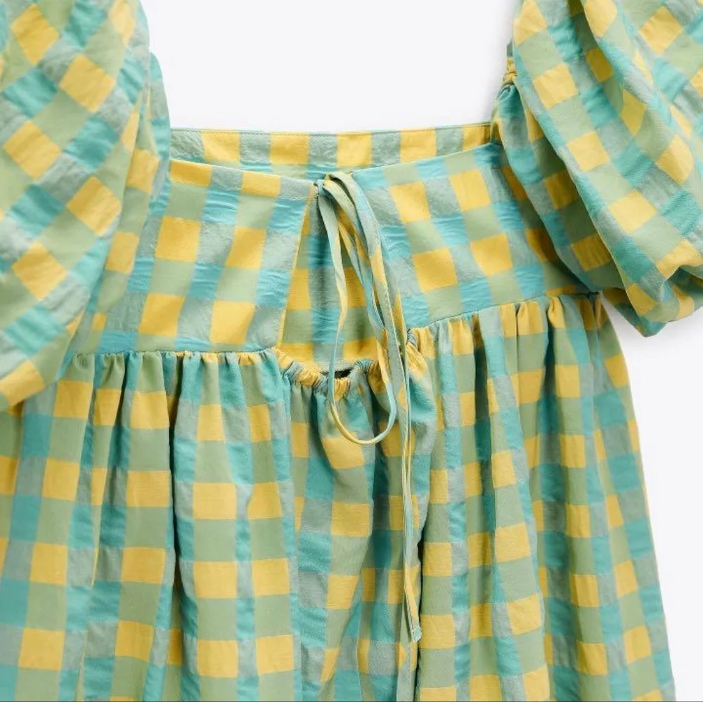 Zara Long Check Print Dress Panelled Puff Sleeve Green Yellow Blue - Medium - Picture 3 of 11